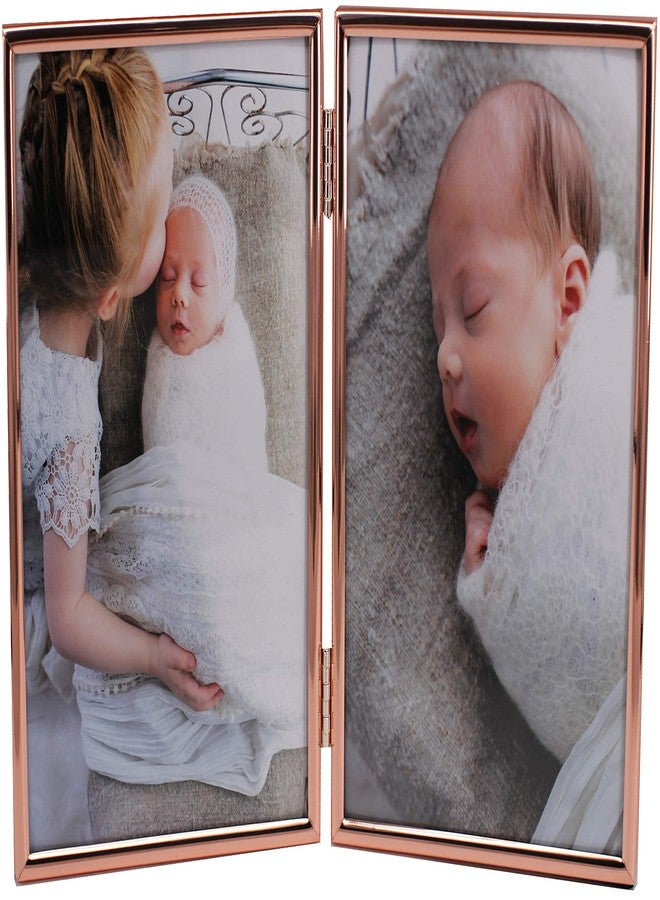 LEADEX Concise Hinged Double Picture Frame, Silver Plated,Standing Vertical,5 by 7 Inch,Best For Home Or Office Table Decor (rose gold) - Image 1